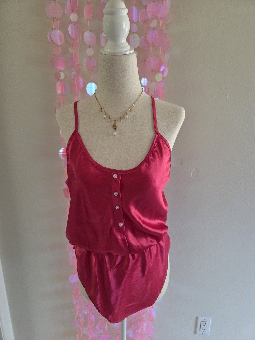 Vintage Vassarette Hot Pink Satin Button-Front Romper